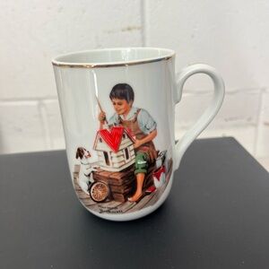Norman Rockwell White Ceramic Mug with Red and Brown Accents vintage